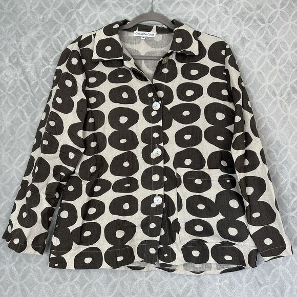 Christopher Calvin Linen Top Small Beige Gray Geometric Shirt Lagenlook Modern - Picture 1 of 12